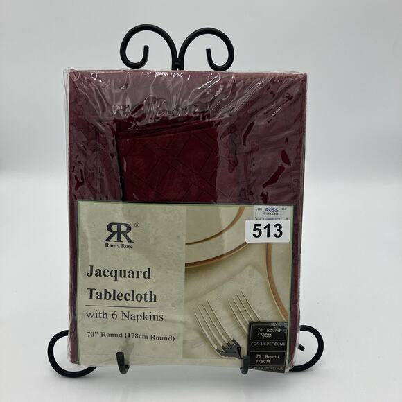 Rama Rose Jacquard Burgandy Tablecloth W/6 Napkins For Elegant Dining 70” Round - Picture 2 of 4